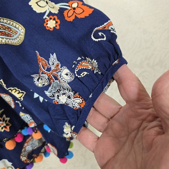 Entro Pom Pom Tunic Top sz L Blue Multicolor Paisley Floral Layered Boho Fairy - Picture 6 of 16